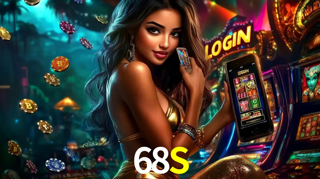 Mulher em um cenário de cassino temático de aventura, mostrando o app de caça-níqueis da 68S no celular. Fichas de apostas flutuam ao redor.