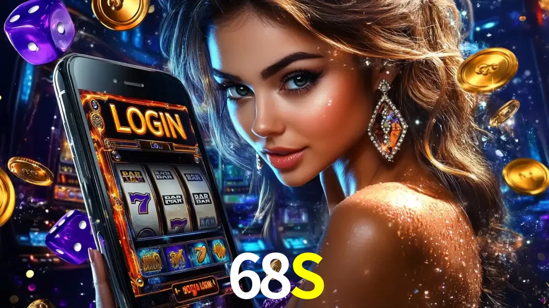 Mulher glamorosa segurando um smartphone com a tela de login para os jogos de caça-níqueis do cassino online 68S, com moedas de ouro e dados ao redor.